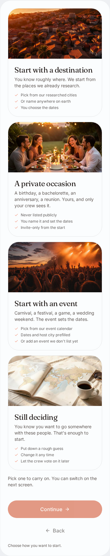 The real trip planner showing its four starting paths: destination, private occasion, event, or still deciding.
