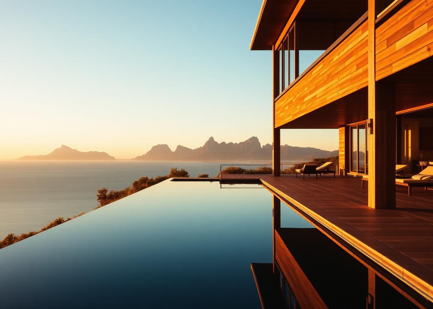 Private villa terrace and infinity pool above the ocean at golden hour
